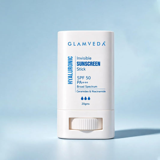 Glamveda Hyaluronic Invisible Sunscreen Stick SPF-50 PA+++ | Blue Light Filter, Hydration with Hyaluronic Acid & Ceramides | Dewy Finish, Easy Application | UVA/UVB Protection | for Men & Women | 20g