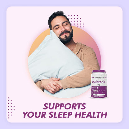 Man wrapped in a blanket with a bottle of melatonin on a purple background