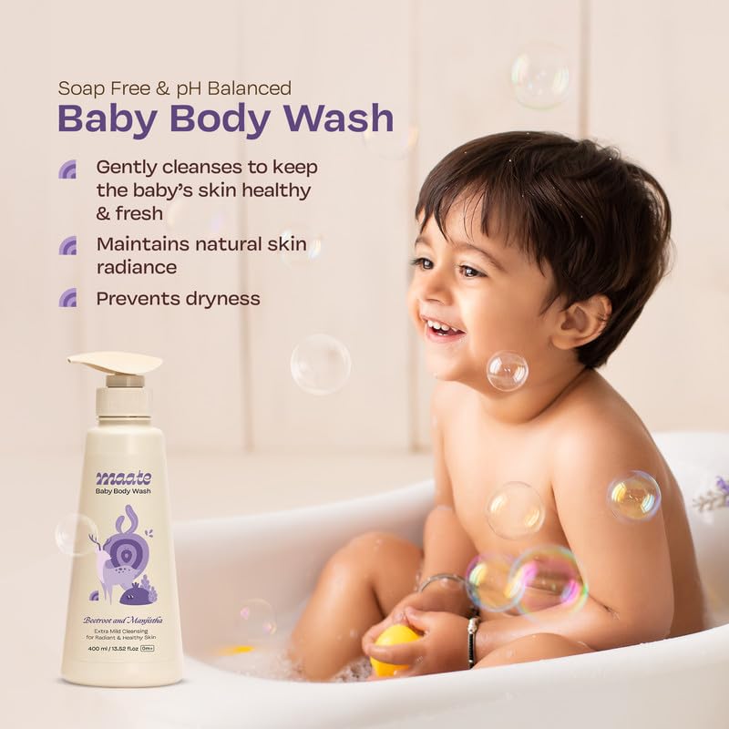 Maate Baby Body Wash | With Ayurvedic Herbs Beetroot, Manjistha & Neem extracts | Body Wash for Dry & Sensitive Skin | Natural & Vegan | Tear-free & pH Balanced | Soap Free (400ml (Pack of 1))