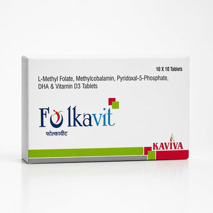 Folkavit L-Methyl Folate, Methylcobalamin, Pyridoxal-5-Phosphate, DHA & Vitamin D3 Tablets | Nutritional Supplement | 10 x 10 Tablets |