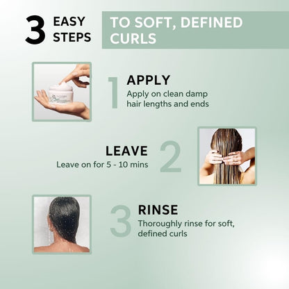 Instructions for applying a hair product to achieve soft, defined curls with step-by-step illustrations.