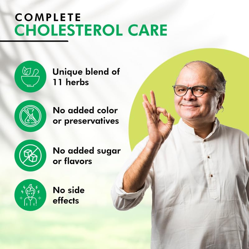 Person giving a peace sign with text about complete cholesterol care and herbal supplement benefits.