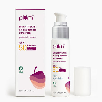 Plum Bright Years All Day Defence Cream SPF 50 PA+++| Sun Protection | For Ageing Skin | 100% Vegan, Cruelty Free | 50ml