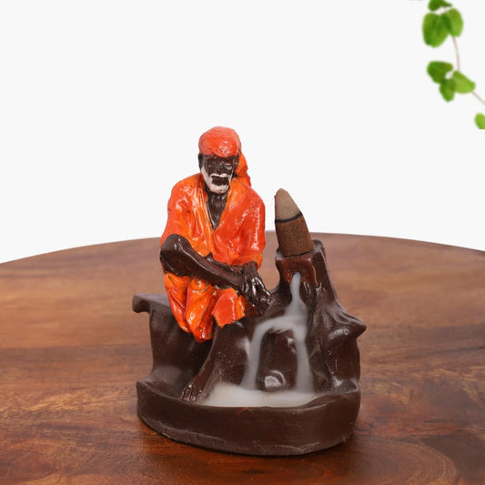 Brown & Orange Shai Baba Idol Statue with 8 Smoke Incense Backflow Fountain Cone Incense Holder | for Table, Home Decorative Showpiece Item
