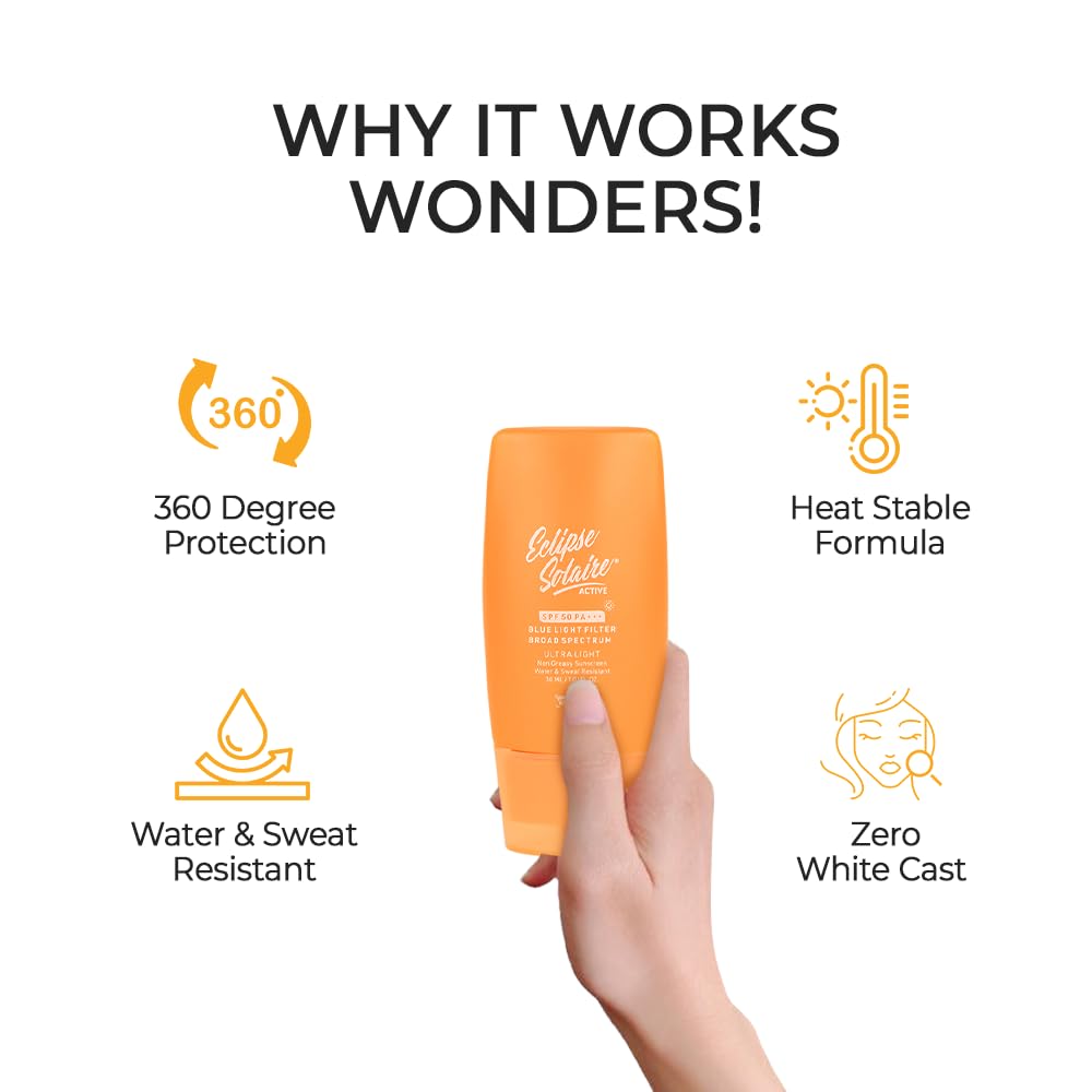 YUDERMA Eclipse Solaire Active Sunscreen SPF 50 PA+++ | No White Cast | Broad Spectrum UVA/UVB/IR & Blue Light Shield | Lightweight, Non-Greasy Formula for All Skin Types – 30ml