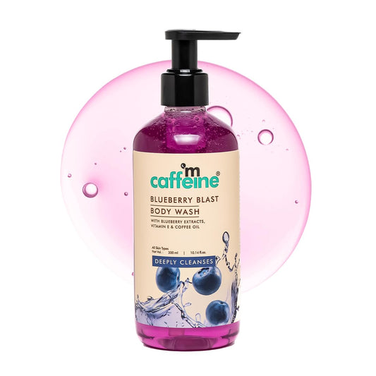 Caffeine Blueberry Blast body wash bottle with pump on a white background