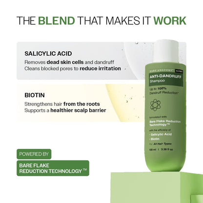 Bare Anatomy Anti Dandruff Shampoo | Reduces Up to 100% Dandruff and Strengthens Hair | Derma Approved Shampoo with Salicylic Acid & Biotin | Helps Remove Flakes and Itching | Shampoo For All Hair types | For Women And Men | 100ml