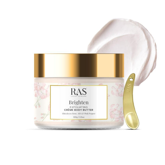Ras Luxury Oils Brighten Exfoliating Creme Body Butter with Pink Pepper & Himalayan Rose | 24 Hour Long Lasting Hydration | Non-Greasy, Quick Absorbing Tan Removal Moisturizer For All Skin Type, 100gm