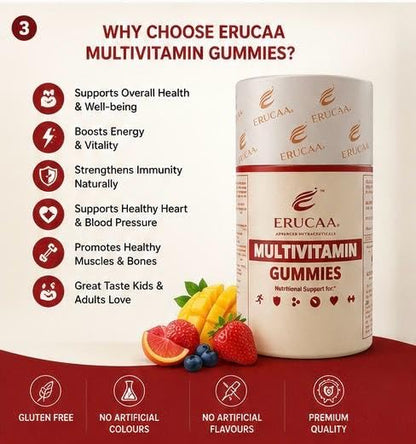 ERUCAA Multivitamin Gummies | Mango Flavour | 30 Gummies | Gluten Free | Daily Multivitamin Gummies for Adults