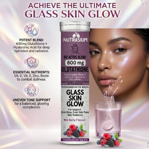 Nutrasium Glutathione Tablets for Skin Glow & Even Skin Tone | 600 mg L-Glutathione Reduced with Hyaluronic Acid, Vitamin C & E, Zinc & Biotin | 15 Effervescent Tablets, Mixed Berry Flavour