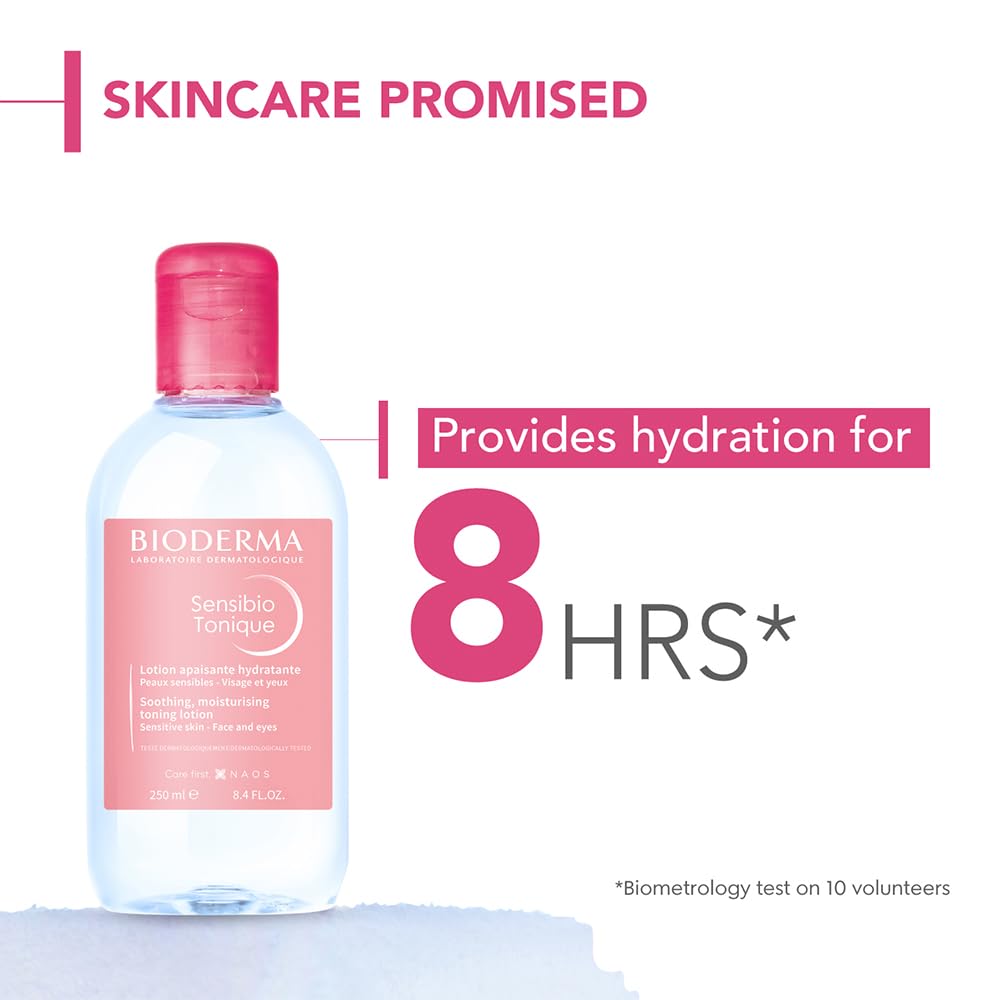 Bioderma bottle with pink cap and label on a white background, highlighting skincare promised and hydration for 8 hours.