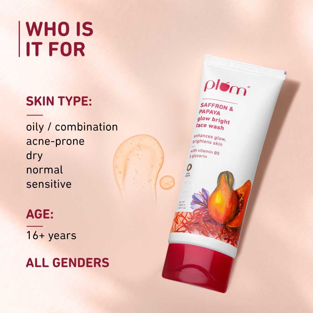 Tube of Plum Safron & Papaya Glow Bright Face Wash on a peach background with text about target skin types, age, and genders.