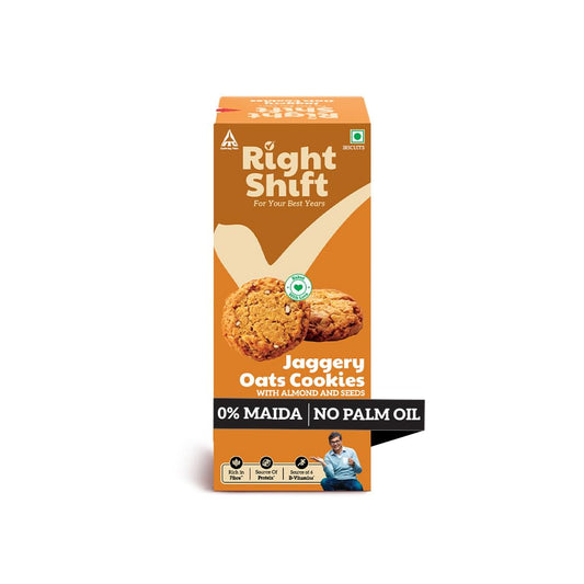Right Shift Jaggery Oats Cookies, 100g| No Palm Oil, High Fibre Digestive| 3X Oats| 0% Maida, Refined Sugar| With Nuts & Seeds| Anytime Snack