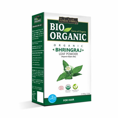 Bio Organic Bhringraj Leaf Powder packaging on a white background