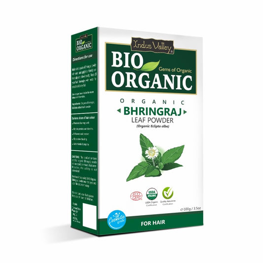 Bio Organic Bhringraj Leaf Powder packaging on a white background