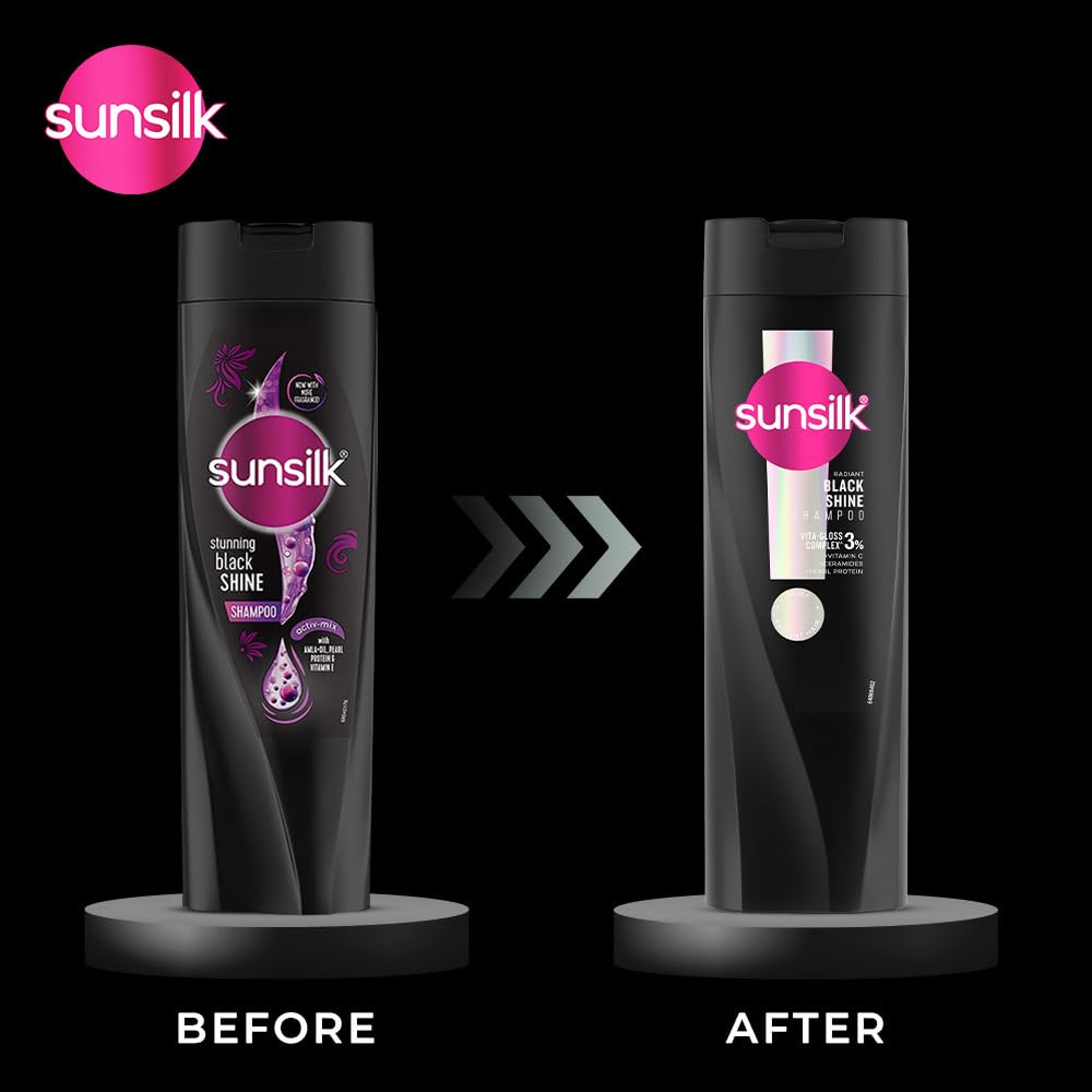 Sunsilk shampoo bottle before and after design change on a black background