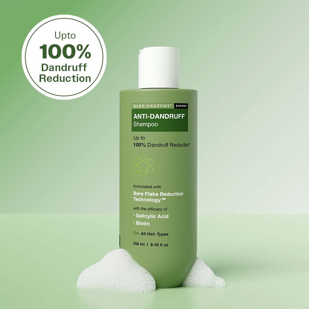 Bare Anatomy Anti-Dandruff Shampoo | Up To 100% Dandruff Reduction | ZPTO-Free | pH 5.3 | Salicylic Acid, Piroctone Olamine, Biotin & Menthol | Non-Drying Formula | Suitable for Men & Women | 250 ml