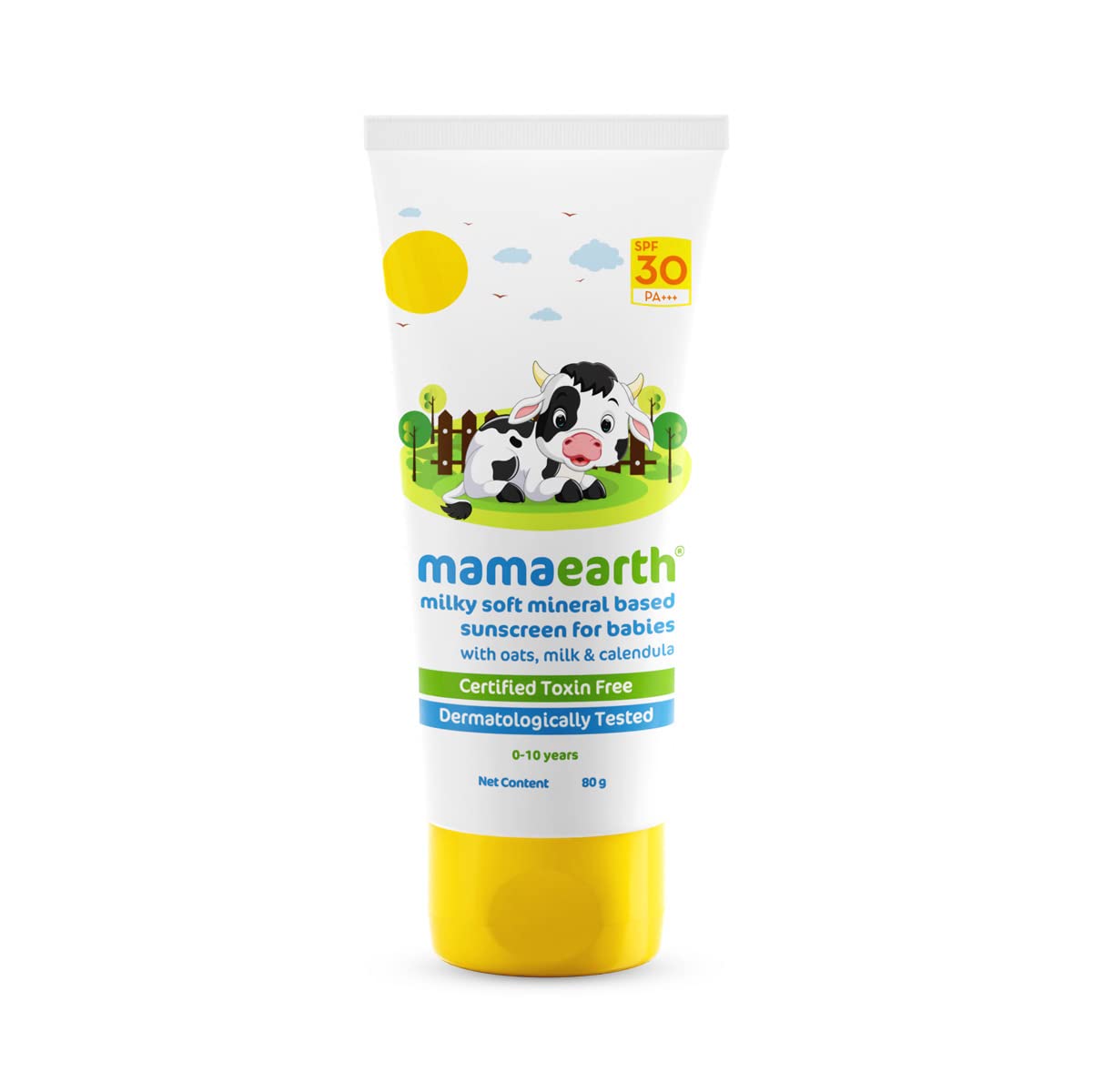 Mamaearth Milky Soft Mineral Based Sunscreen SPF 30 & PA+++ with Oats, Milk and Calendula for Babies - 80 g | Made Safe Certified | Toxin Free | Sun Protection