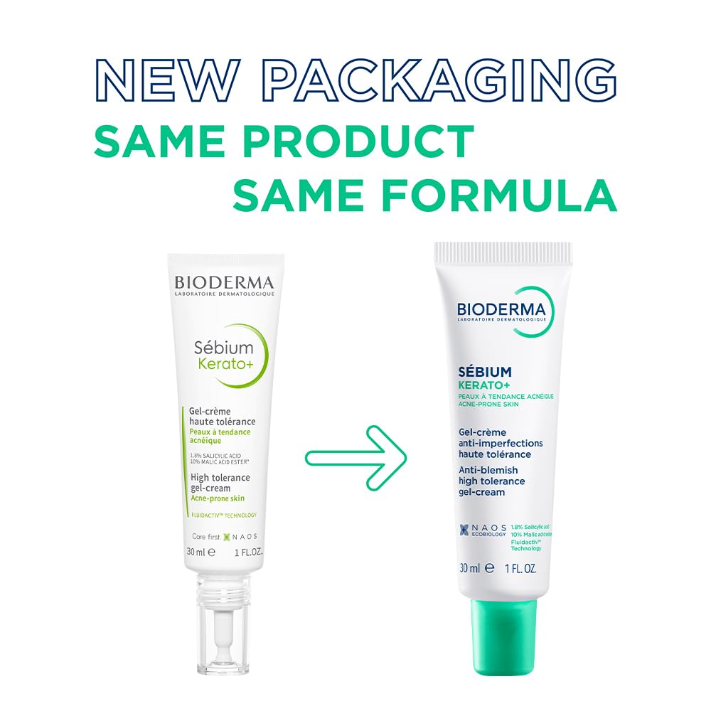 Two Bioderma skincare products with text indicating new packaging, same product, same formula.