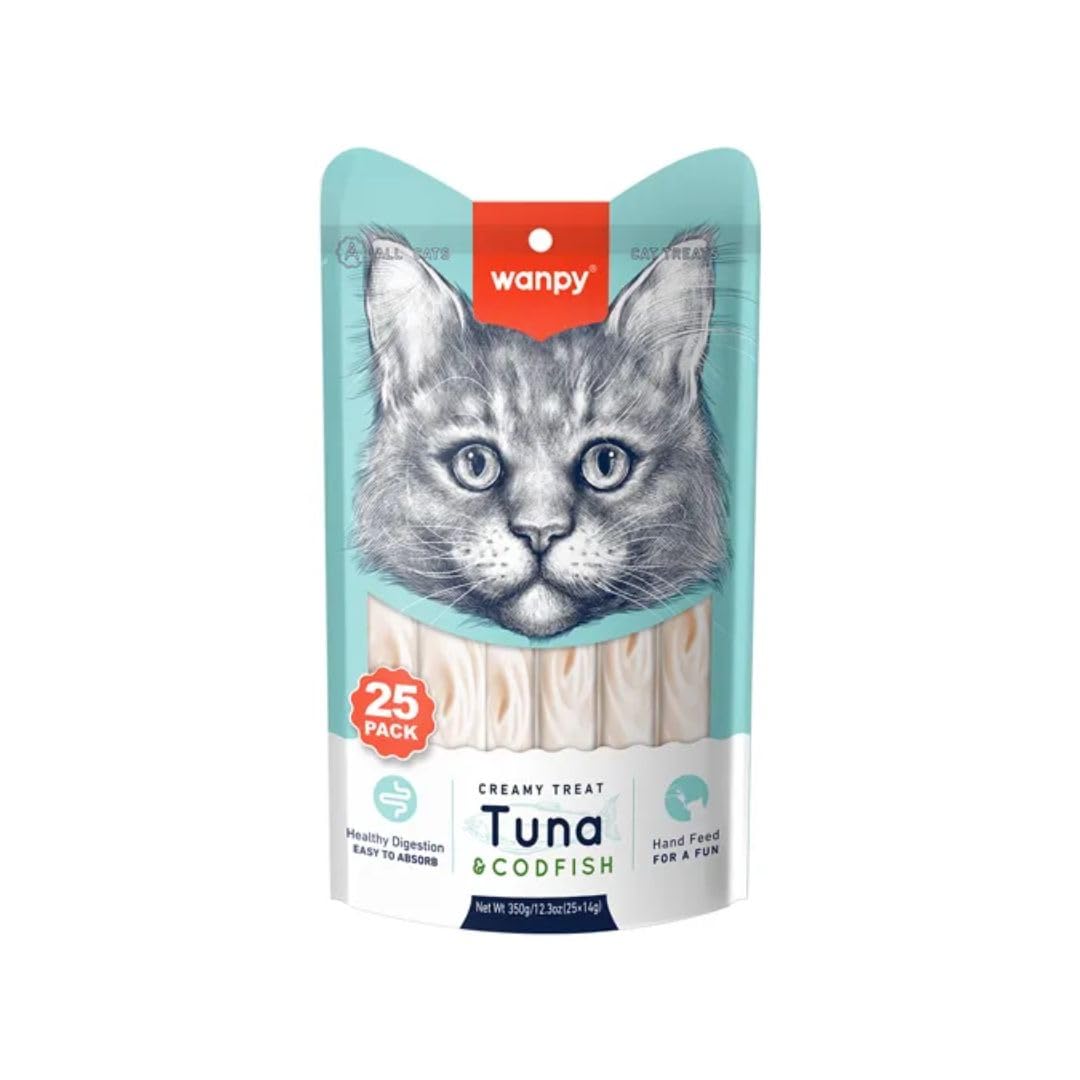 Wanpy Creamy Treat for Cats - Handfeed for Fun - Premium Lickable - Tuna and Codfish Flavours - 350 Gm - 25 sachets,All Life Stages