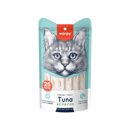Wanpy Creamy Treat for Cats - Handfeed for Fun - Premium Lickable - Tuna and Codfish Flavours - 350 Gm - 25 sachets,All Life Stages