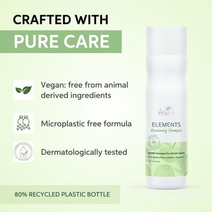 Wella shampoo bottle with 'Crafted with Pure Care' text and product features on a green background