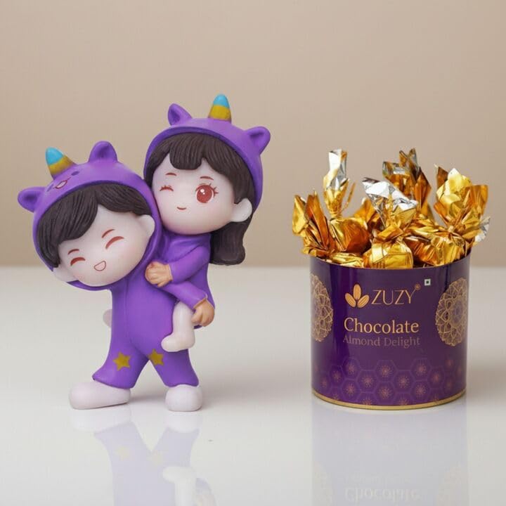 eCraftIndia Resin Couple Statue Girl on Boy’s Shoulder Showpiece Valentine’s Day Gift with Zuzy Chocolate Box