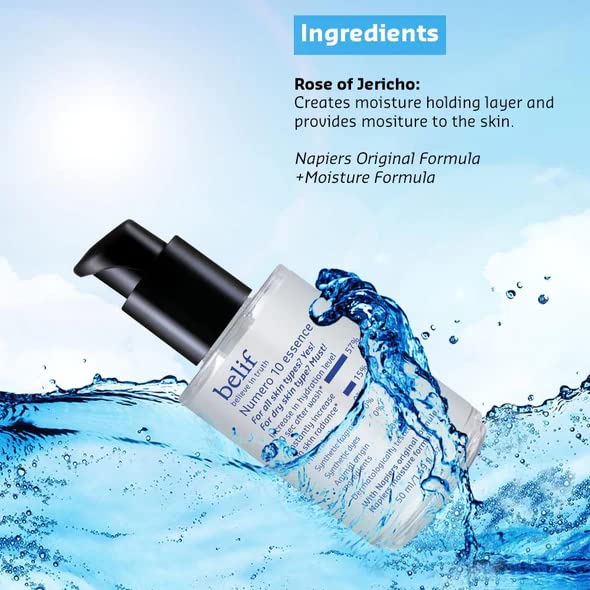 Skincare bottle with water splash and ingredient information on a blue background