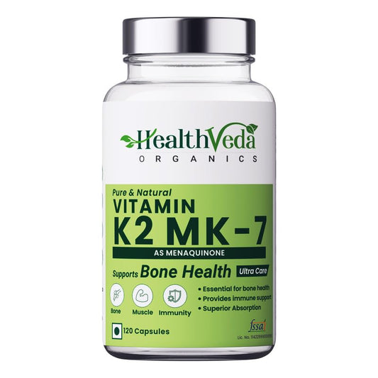 Zephivo Health Veda Organics Vitamin K2 | 100% Vegetarian Vitamin K2 Benefits in Bone Health - 55mcg - 120 Vitamin K27 Capsules