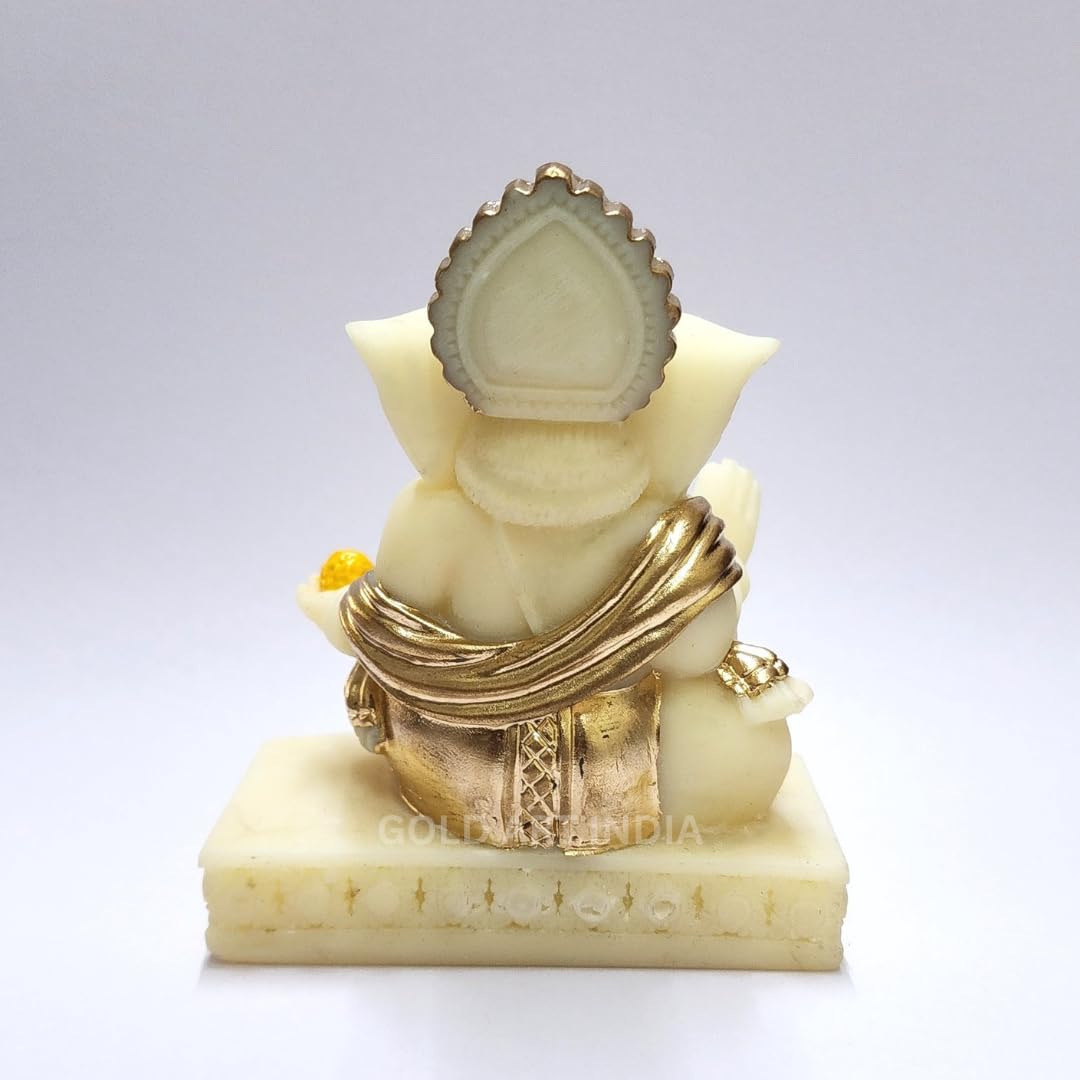 Gold Art India Gaddi Ganesha Idol for Home Decor | Peach Terracotta Finish with Gold Colour Mukut & Ornaments – 3.5 Inch Ganpati Statue for Car Dashboard, Home Decor, Puja, Office Desk