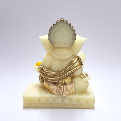 Gold Art India Gaddi Ganesha Idol for Home Decor | Peach Terracotta Finish with Gold Colour Mukut & Ornaments – 3.5 Inch Ganpati Statue for Car Dashboard, Home Decor, Puja, Office Desk