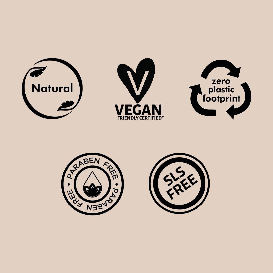 Set of eco-friendly product certification logos on a beige background