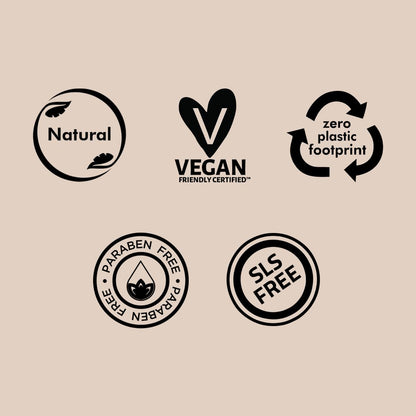 Set of eco-friendly product certification logos on a beige background