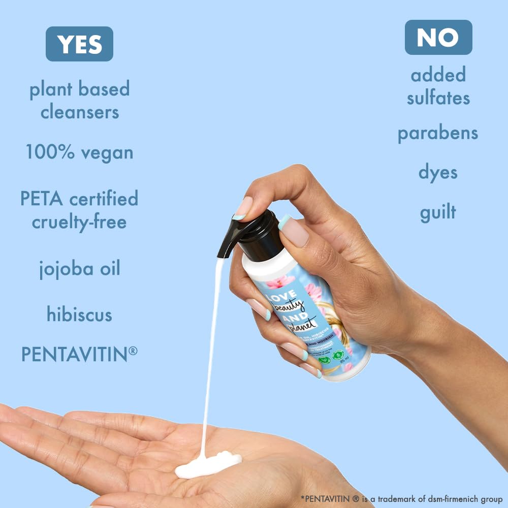 Hand holding a bottle of skincare product with text highlighting benefits on a blue background