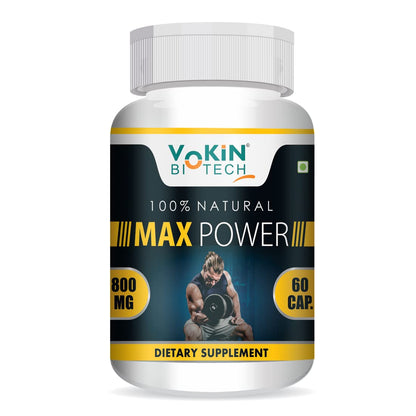 Supplement bottle labeled 'Max Power' by Vokin Biotech on a white background