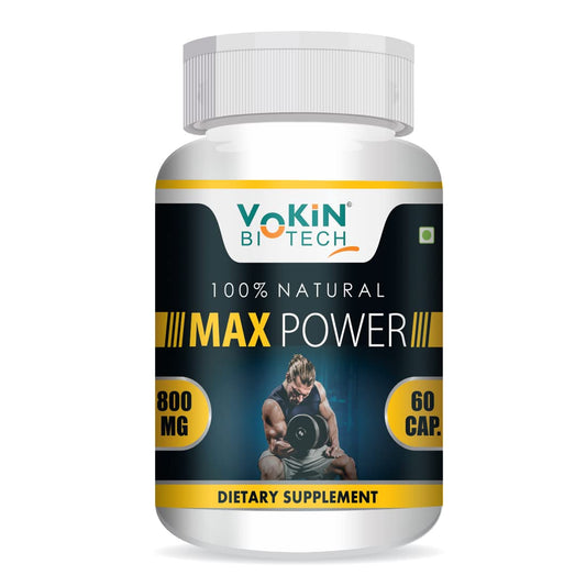 Supplement bottle labeled 'Max Power' by Vokin Biotech on a white background