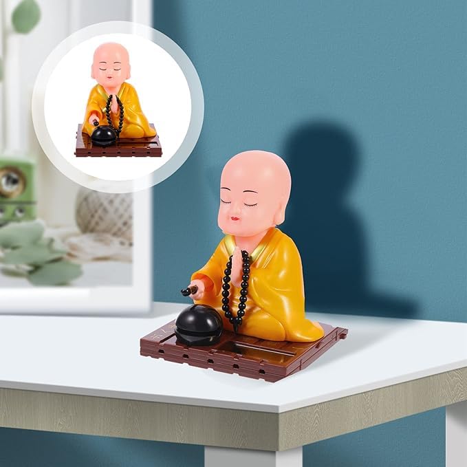 Big Solar Powered Sitting Buddha Statue - Shaking Head Buddha Monk Statue for Car Dashboard, Home & Office Desktop, Health Wealth & Prosperity, Peaceful Meditation Ornament (1Pc - Yellow)