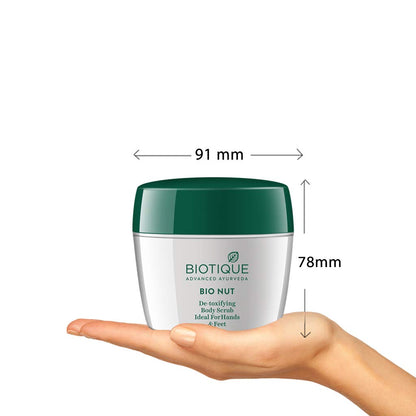 Biotique Bio Nut cream jar held in a hand with dimensions indicated