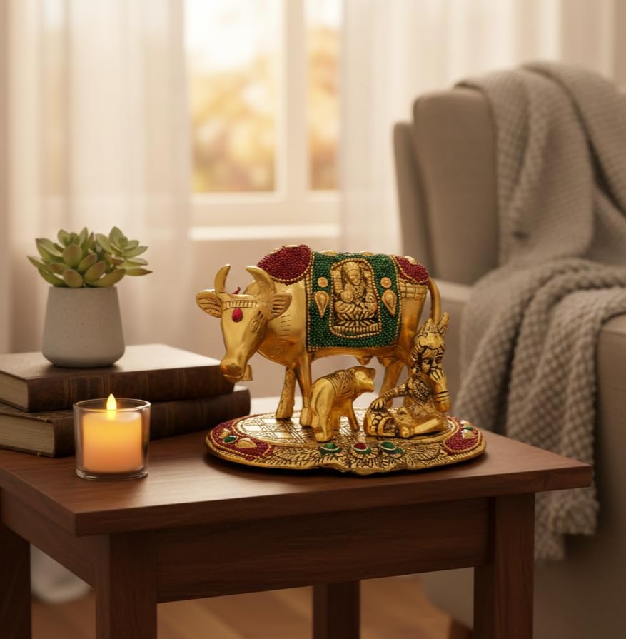 KridayKraft Kamdhenu Cow,Calf with Bal Gopal Krishna Metal Statue for Good Luck,Feng Shui As Table Top Figurine,Vastu,Religious Gau MATA Idol Home,Office&Table Decorative,Animal.
