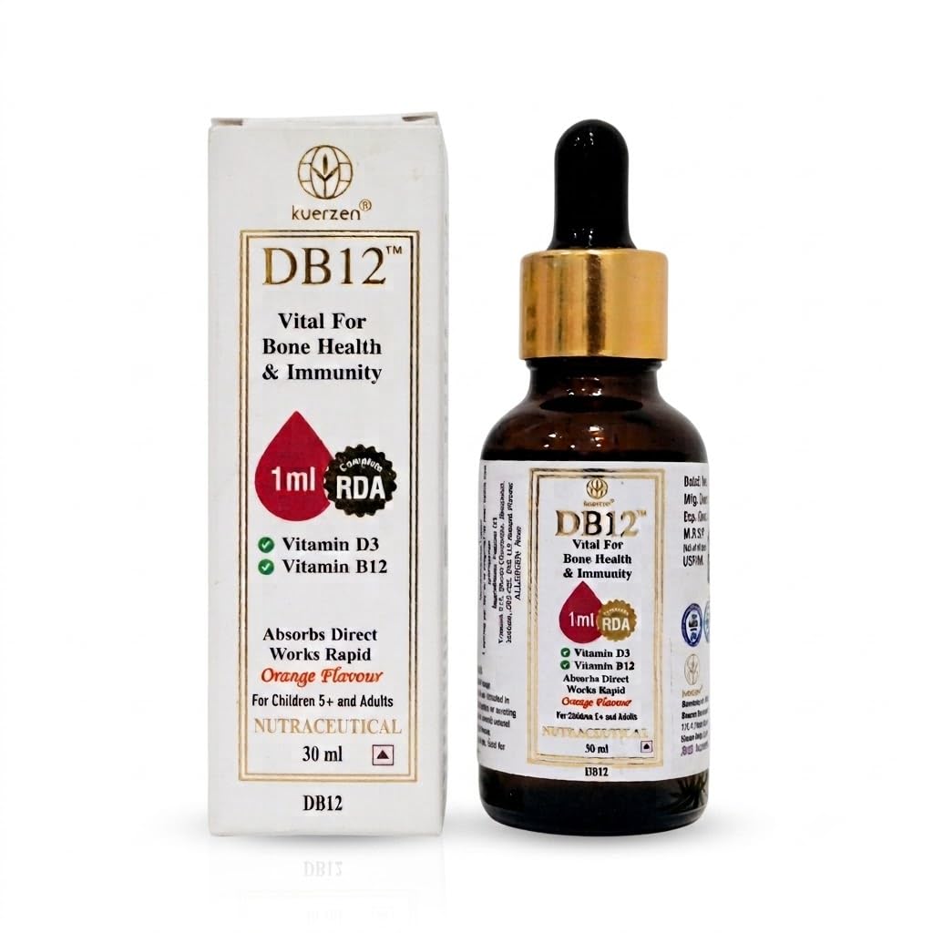 KuerZen DB12 Vitamin D3 + Vitamin B12 Sublingual Liquid Drops | Sugar Free Daily Vitamins | Bone, Energy, Nerve & Immune Support | Vitamin B12 Deficiency Supplement | Orange Flavour | 30ml