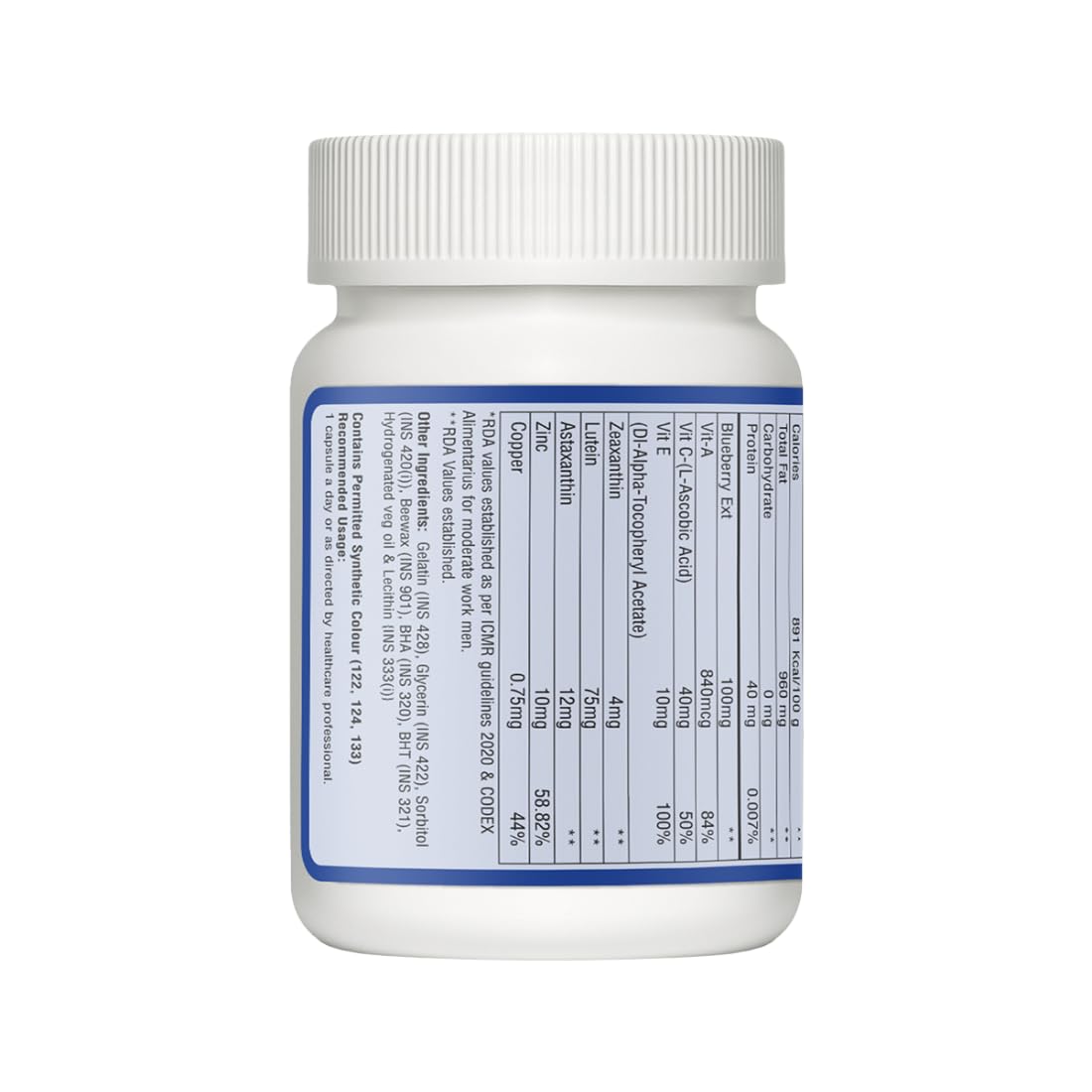 White supplement bottle with blue label on a white background