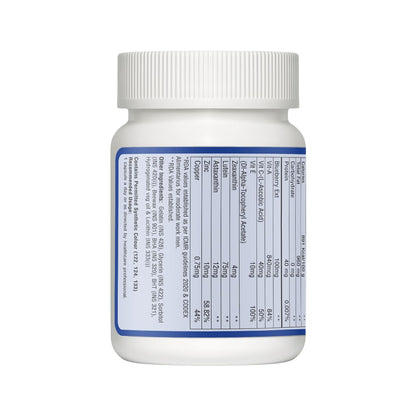 White supplement bottle with blue label on a white background