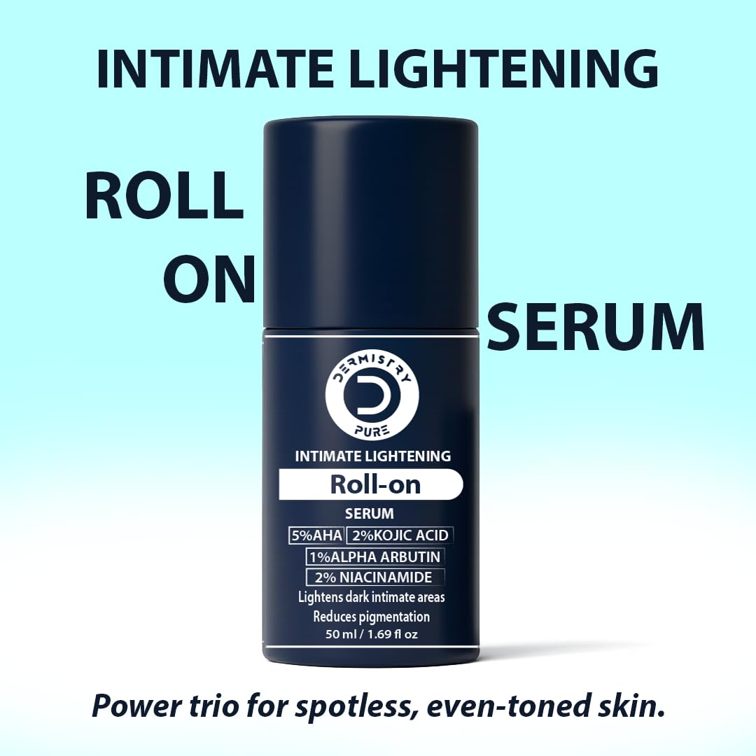 Intimate lightening roll-on serum bottle with text on a light blue background