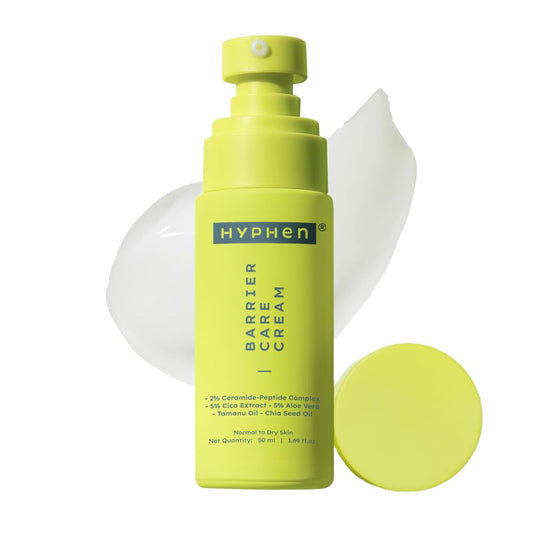 Yellow bottle of Hyphen Barrier Care Cream with a white background