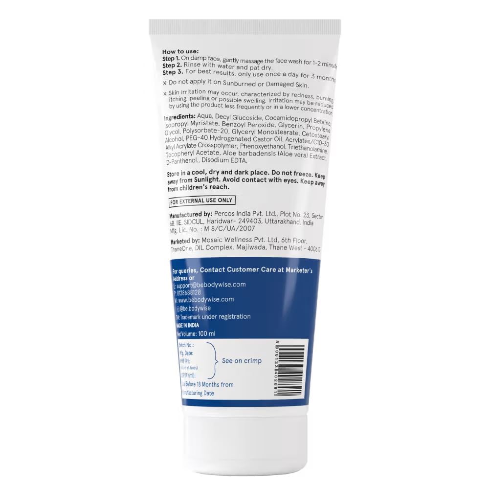 Be Bodywise 2.5% Benzoyl Peroxide Face Wash | Fights Severe & Persistent Acne | Kills Acne Bacteria, Clears Pores & Reduces Redness | Gentle, Hydrating & Dermatologist-Tested Formula | 100ml