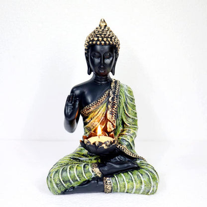 Sitting Buddha Idol Statue for Home Decorations Items Showpiece, Best Indian Gifts for Foreigners, Corporate Gift Items (Green Tea Light Buddha)