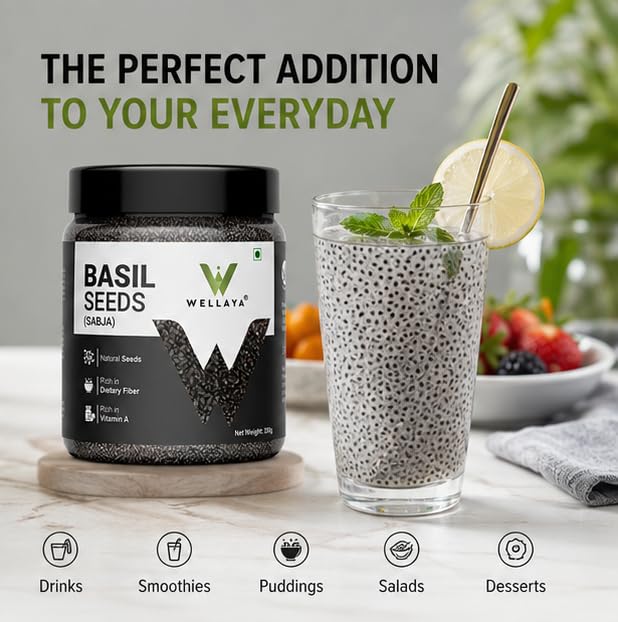 WELLAYA Basil Seeds - 350gm | High Fibre Tukmaria Seeds for Eating | Sabja Seed | Weight Management