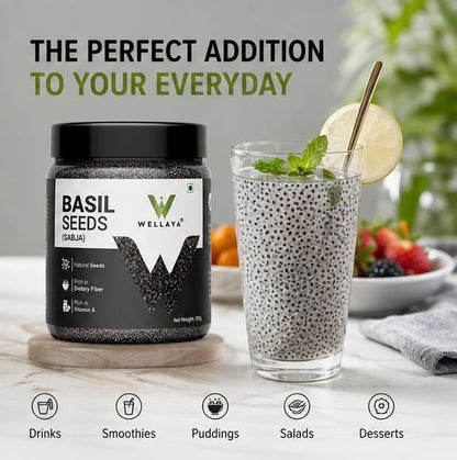 WELLAYA Basil Seeds - 350gm | High Fibre Tukmaria Seeds for Eating | Sabja Seed | Weight Management