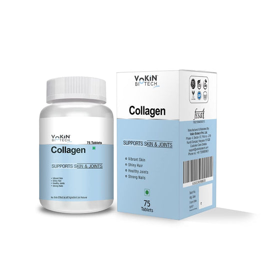 Collagen supplement bottle and packaging on a white background