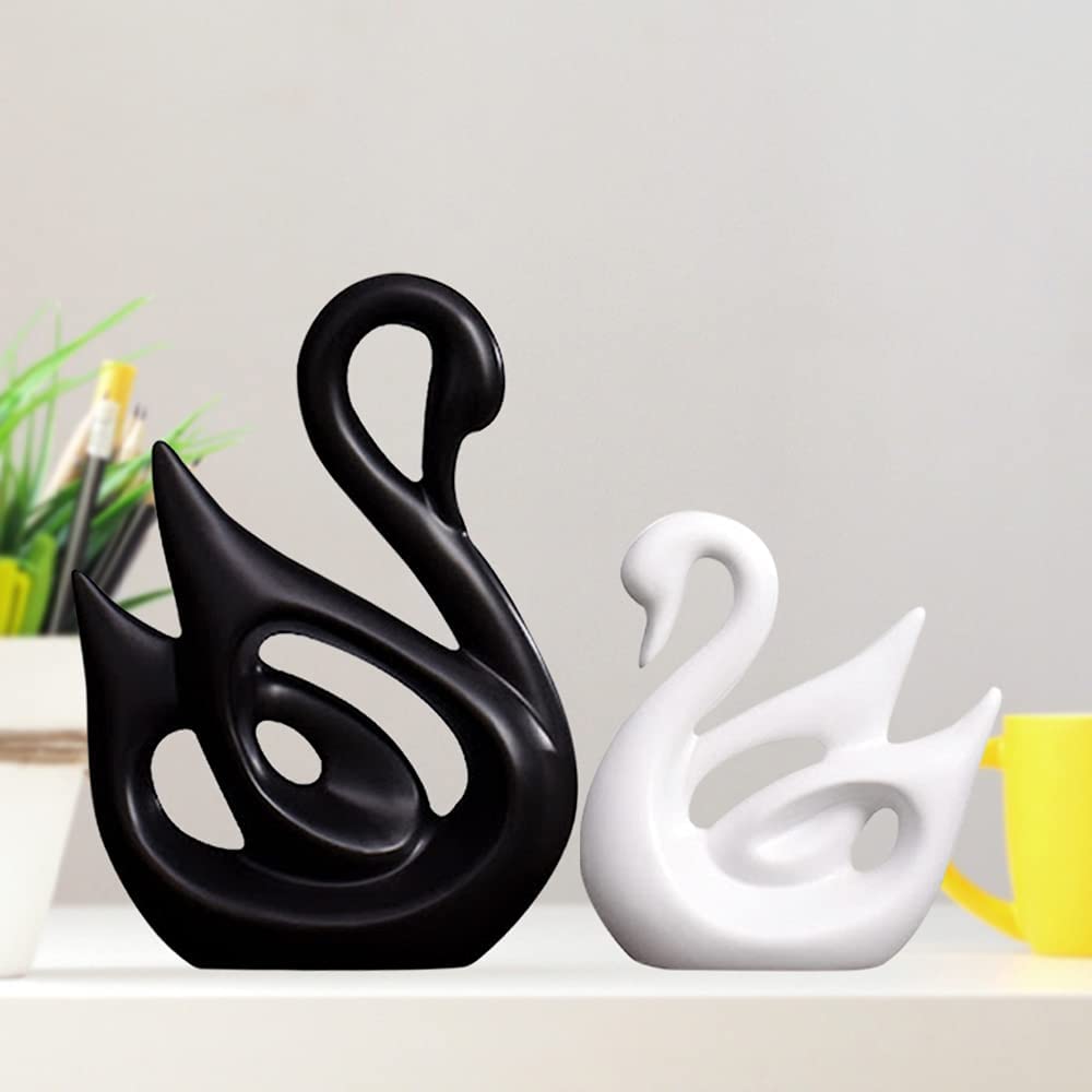 THE SACRED GIFTS Lucky Swan Couple in Black & White | Piano Finish Ceramic Decorative swan Pair as Handmade Sculptures Home Decor Love Swan Statue for Office, Bookshelf, Desktop, Decorations.